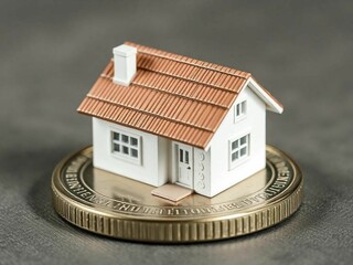 little house stands on coins, real estate concept.