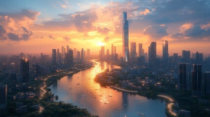 Poster - As the sun sets, the skyline of a bustling city glows with warm colors. The river mirrors the dramatic sky, creating a picturesque evening view of urban life.