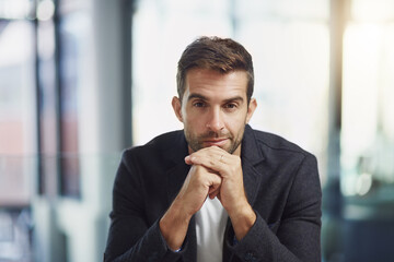 Poster - Thinking, smile and portrait of business man for policy, finance regulations or compliance officer. Reflection, brainstorming and planning with person at insurance company for risk management