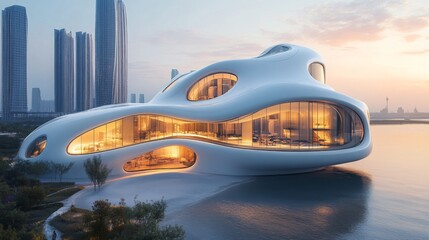 Leinwandbilder - A striking modern building with an organic shape glows warmly at dusk. Situated by the water, it contrasts with the skyline of tall skyscrapers, showcasing innovative architecture.