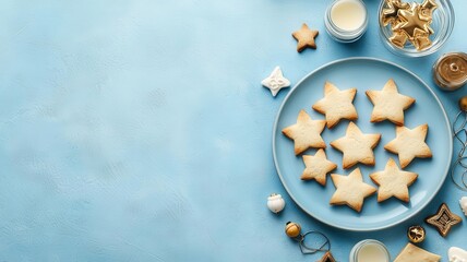 Hanukkah star-shaped cookies arranged on a blue plate with dreidels and gelt scattered around Hanukkah