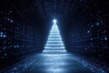 Poster - glowing digital xmas Christmas tree shines brightly in dark abstract space