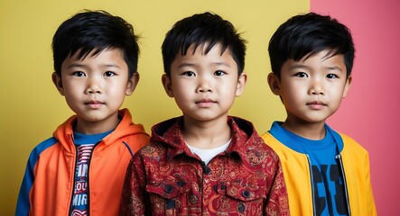 southeast asian kid boy urban streetwear bright background wearing fashion portrait