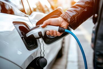 A person charging an electric vehicle with a charging plug on a sunny day, showcasing sustainable energy use.