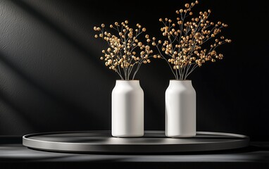 Two white vases with dried flowers on a dark tray, illuminated by soft light, creating a minimalist and elegant aesthetic.