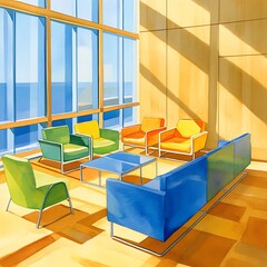 Sticker - Colorful chairs in a modern office with a view.