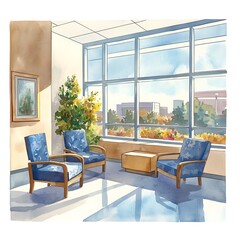 Poster - Watercolor Illustration of a Modern Waiting Room with Large Windows.