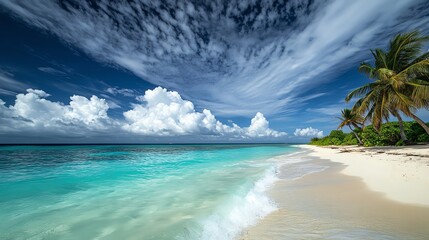 Tropical beach with palm trees and ocean waves