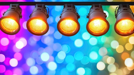 Poster - Five spotlights illuminate colorful backdrop of blurred lights
