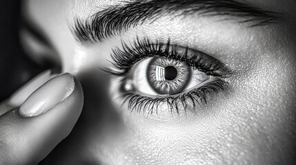 Woman putting contact lens in her eye closeup black and white