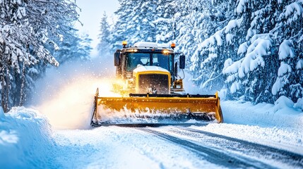 Snow plow truck cleaning road after heavy snowfall