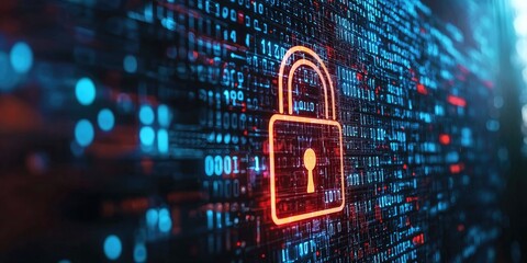 Leinwandbilder - A network security system interface displays a padlock and binary code, symbolizing the concept of data encryption, no people present.