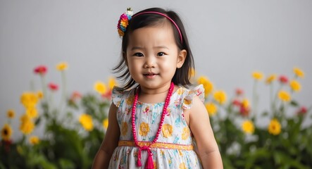 southeast asian toddler girl summer vacation bright background wearing fashion portrait