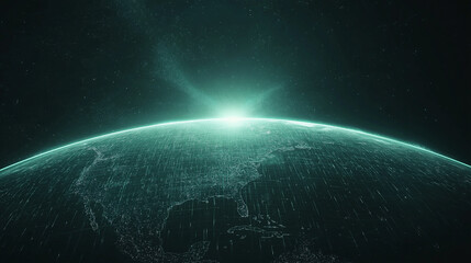 Wall Mural - Shiny cyberspace computer network with globe, binary numbers and flare of light, view from space. Illustration background.