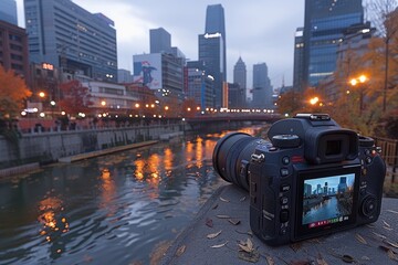 DSLR Camera Capturing Cityscape Reflections at Dusk