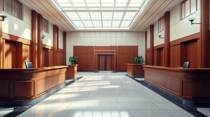 Sticker - A spacious and modern reception area with wooden counters and natural light.