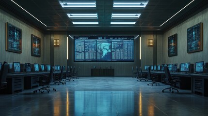 Canvas Print - A modern control room with computers and data displays for monitoring operations.