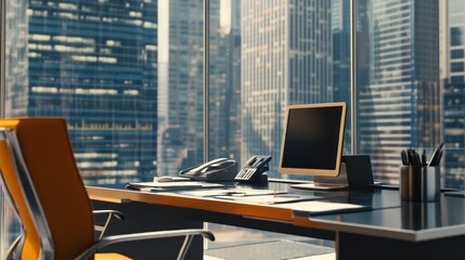 Sticker - A modern office workspace with a desk, computer, and city skyline view.