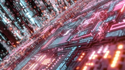 Poster - A high-energy, neon-lit network of glowing shapes, visualizing the high-speed processing of AI data, abstract and dynamic, 4K resolution