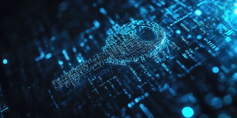 A digital encryption key appears in cyberspace against a binary code background, symbolizing cyber protection in shades of blue.