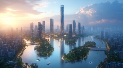 Aufkleber - A breathtaking view of a modern cityscape showcases towering skyscrapers bathed in sunset hues