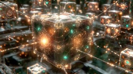 Poster - A matrix of glowing geometric forms connected in a web, depicting the layers of an artificial neural network, 4K resolution