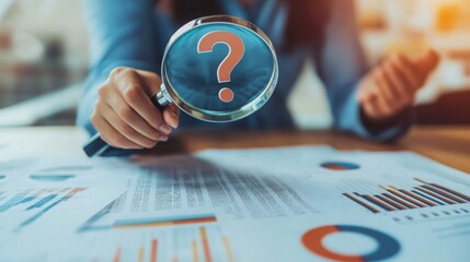 Fototapete - A person holding a magnifying glass with a question mark, analyzing financial graphs and data on a desk.