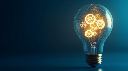 Poster - A glowing light bulb with intricate gears inside, symbolizing innovation and creativity against a blue background.
