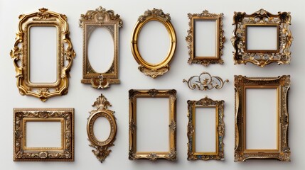 Assorted vintage gilded frames, each with unique details, isolated on a clean white background