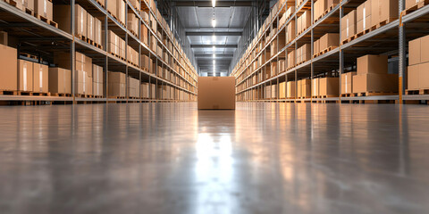 Poster - large storage facility with rows of boxes and shiny floor