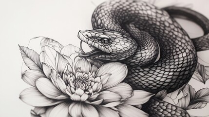 Poster - Highly detailed black line tattoo of a snake coiled around a flower, sharp against a white backdrop.