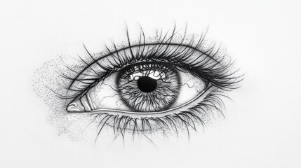 Poster - Highly detailed black line tattoo of an eye with intricate lashes, realistic on a smooth white surface.