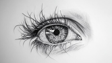 Poster - Highly detailed black line tattoo of an eye with intricate lashes, realistic on a smooth white surface.