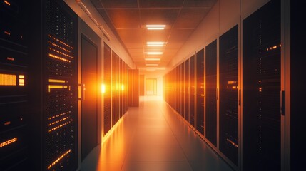 Poster - A corridor in a data center illuminated by orange light, showcasing server racks.