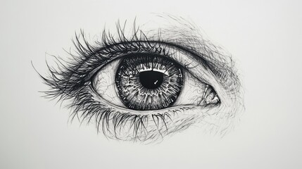 Poster - Highly detailed black line tattoo of an eye with intricate lashes, realistic on a smooth white surface.