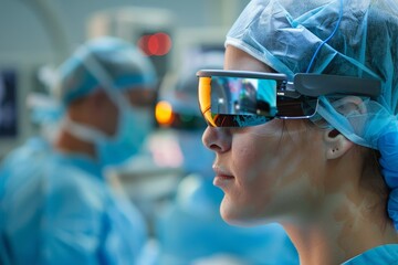 Poster - augmented reality glasses assisting in surgery, a team of surgeons, all in surgical masks, prepares 