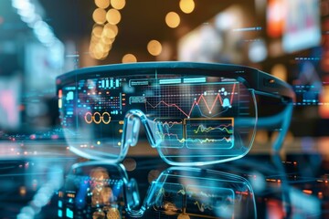 Poster - augmented reality glasses being used to analyze data, glasses displaying a computer screen, showcasi
