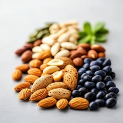 A variety of nuts and seeds arranged artistically on a neutral background, showcasing their textures and colors.