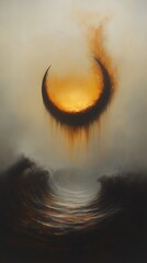 Poster - Abstract Liquid Metal Sunrise over Mysterious Waves