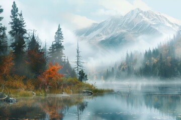 Autumn fog over a scenic mountain lake , A tranquil river is bordered by colorful autumn trees and towering mountains, capturing the essence of fall.