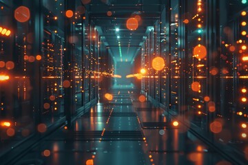 Poster - Background of a network server room with glowing lights ,A long hallway illuminated by orange lights, featuring a computer screen at the end, creating a warm, inviting atmosphere.