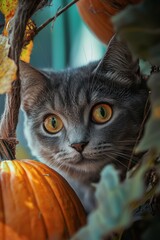 Wall Mural - beautiful cat on the background of pumpkin halloween Generative AI