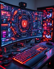 Poster - A vibrant gaming setup featuring a high-tech monitor, keyboard, and illuminated PC case.