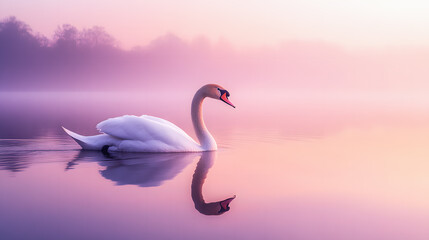 Poster - Cygne nageant sur le lac a l'aube