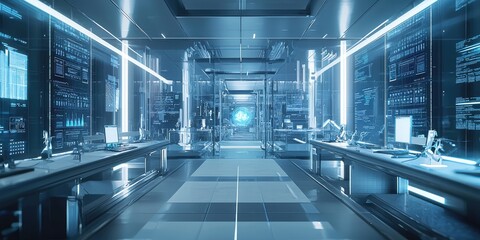 Leinwandbilder - A futuristic research facility driven by AI-powered data analysis, where scientists uncover groundbreaking insights through advanced technology.