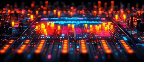 Poster - A vibrant digital interface with glowing bars and lights, representing audio mixing technology.