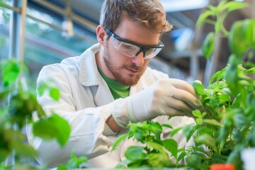 Poster - biological engineer working on plant genetics,a man wearing a lab coat observes plants, emphasizing 