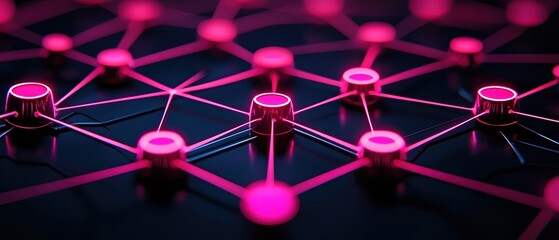 Poster - Abstract network connections with pink nodes and neon lights on a dark background.