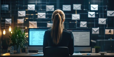 Fototapete - A businesswoman reviews an encrypted email in a modern office, ensuring secure communication, no people visible.