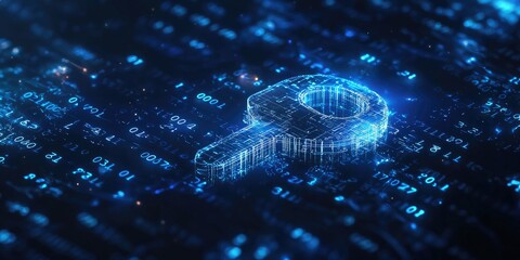 Fototapete - A digital encryption key floats in cyberspace, with a binary code background emphasizing cyber protection in blue tones.